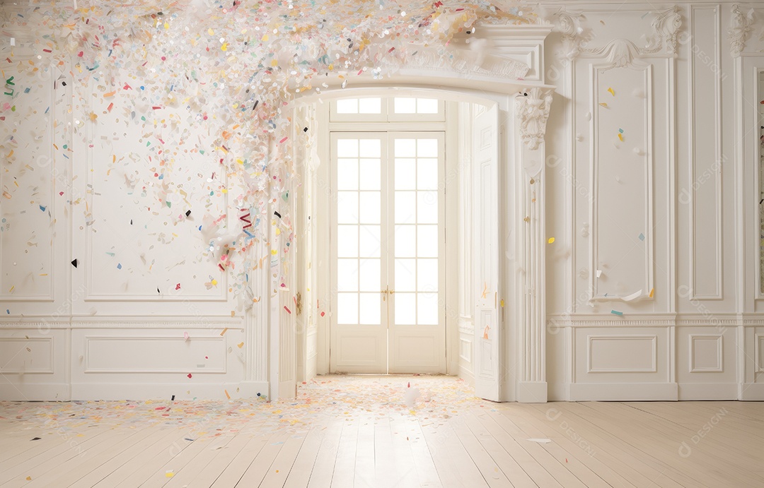 Hall branco em estilo clássico moderno e porta em arco de luxo com fundo de confete caindo