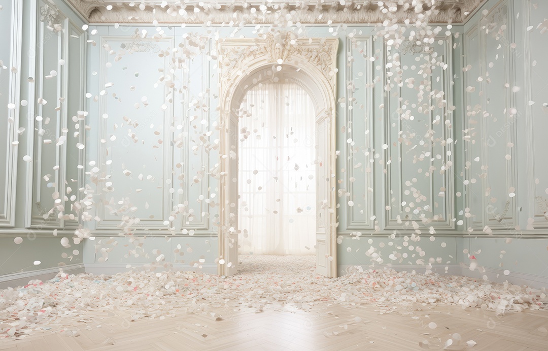 Hall branco em estilo clássico moderno e porta em arco de luxo com fundo de confete caindo