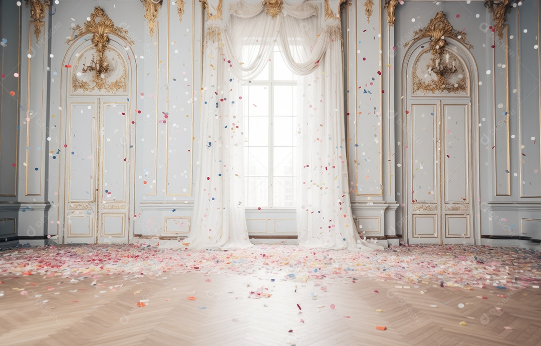 Hall branco em estilo clássico moderno e porta em arco de luxo com fundo de confete caindo