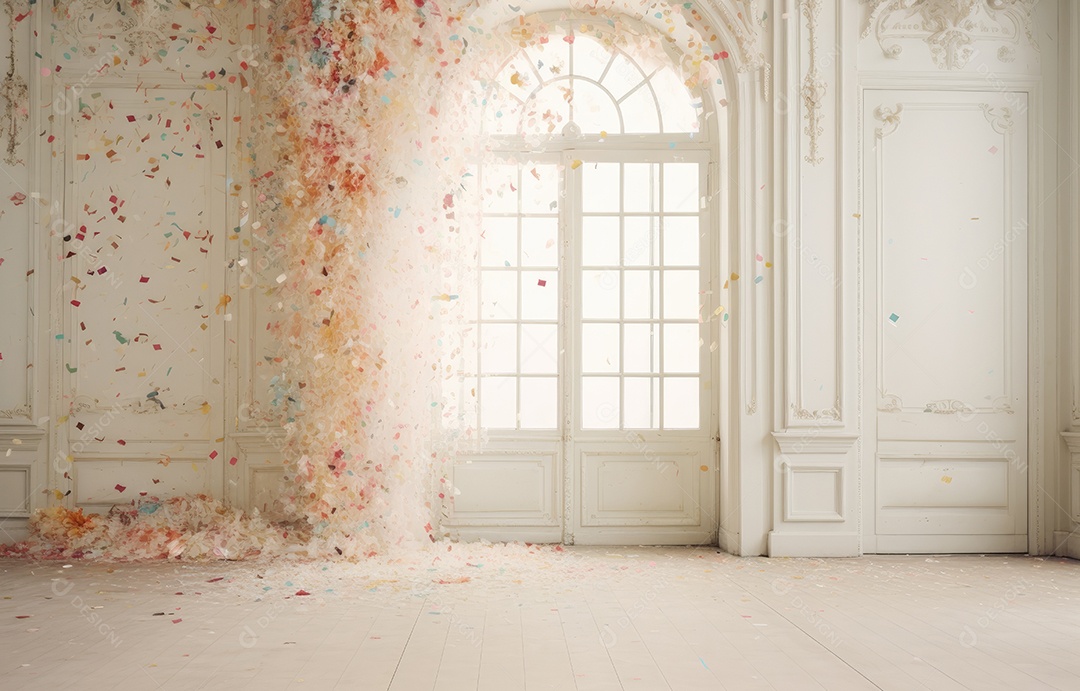 Hall branco em estilo clássico moderno e porta em arco de luxo com fundo de confete caindo