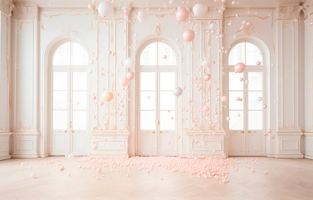 Hall branco em estilo clássico moderno e porta em arco de luxo com fundo de confete caindo