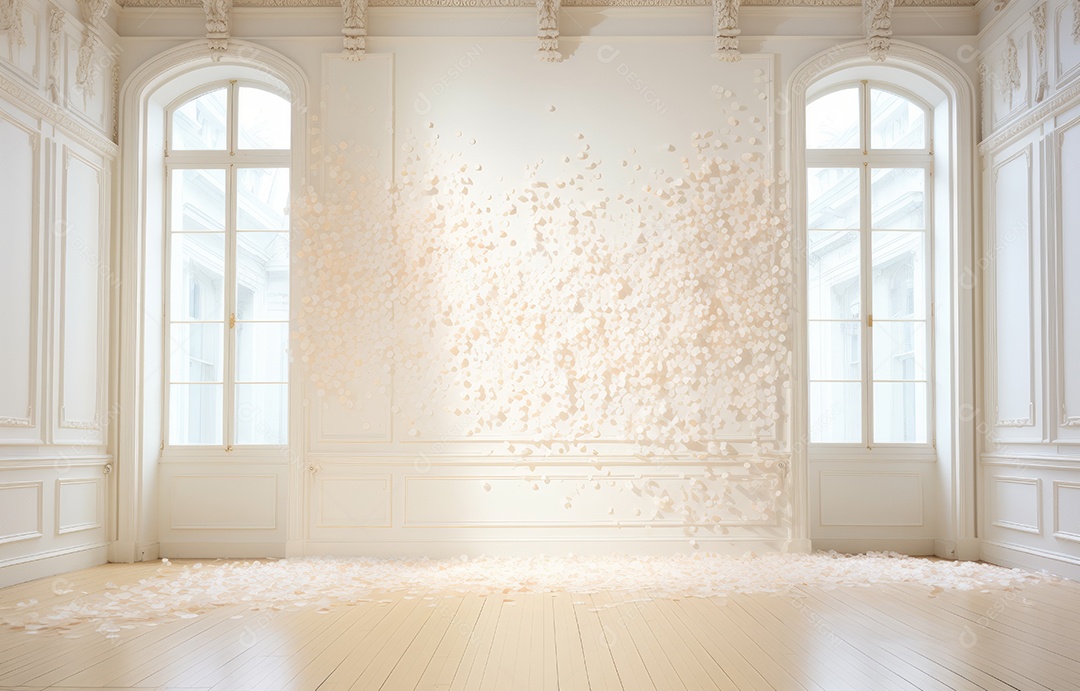 Hall branco em estilo clássico moderno e porta em arco de luxo com fundo de confete caindo