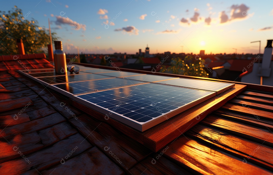 Painel solar moderno no telhado com plantas pela manhã