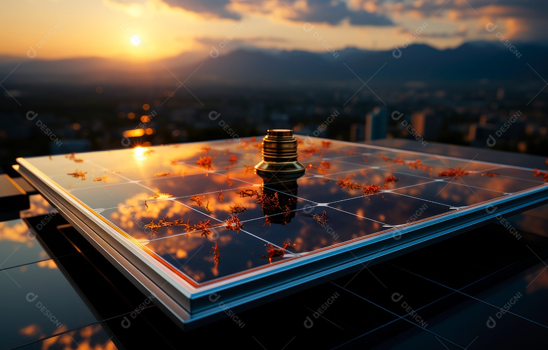 Painel solar moderno no telhado com plantas pela manhã