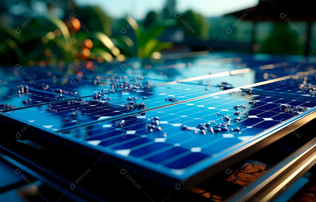 Painel solar moderno no telhado com plantas pela manhã