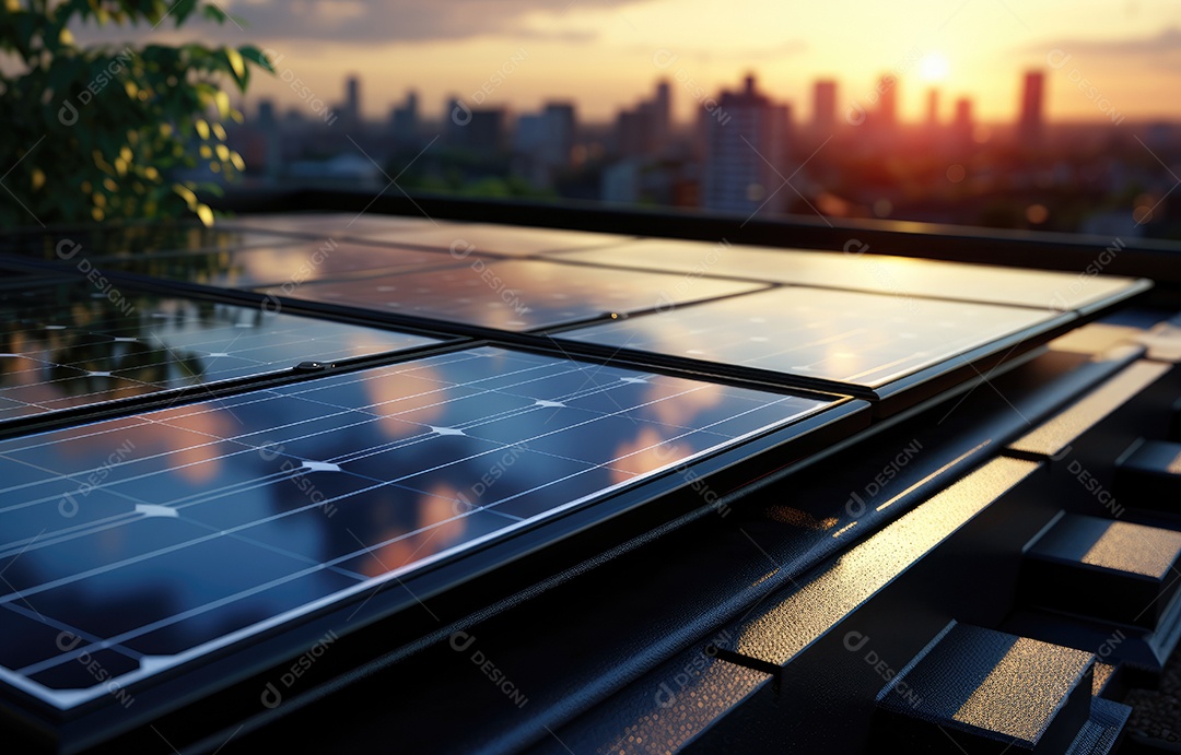 Painel solar moderno no telhado com plantas pela manhã