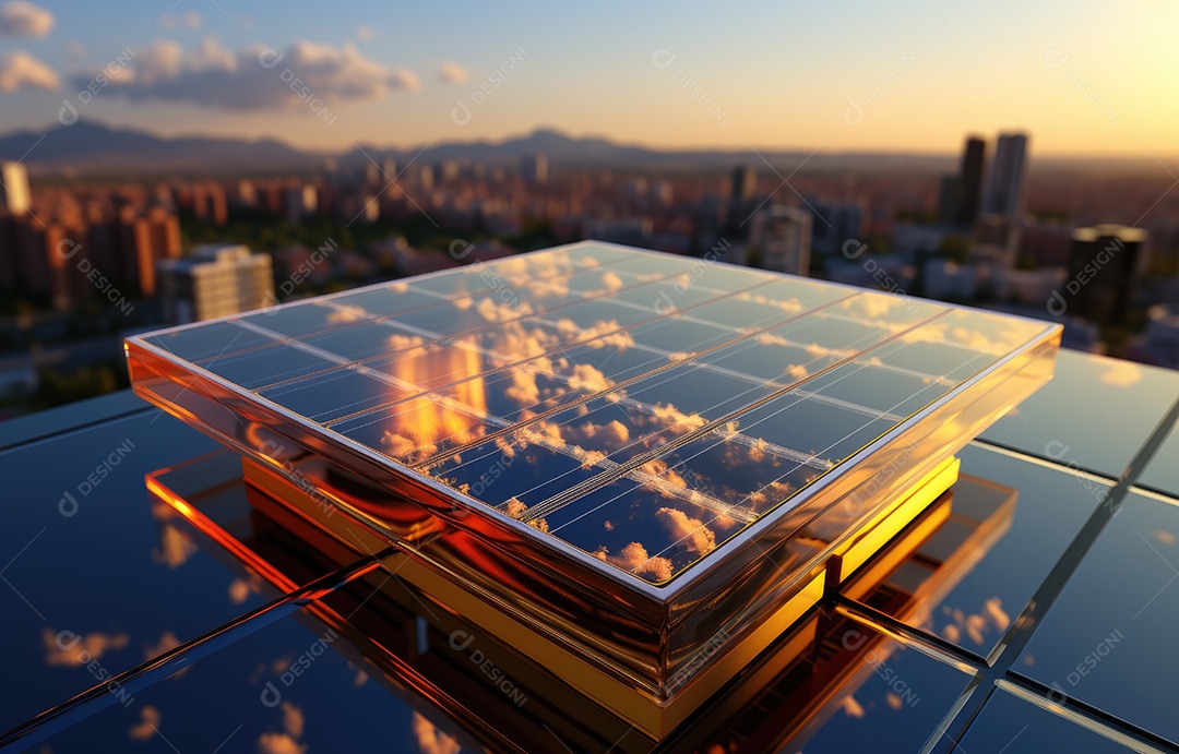 Painel solar moderno no telhado com plantas pela manhã