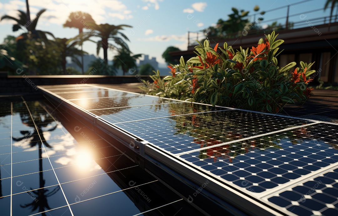 Painel solar moderno no telhado com plantas pela manhã