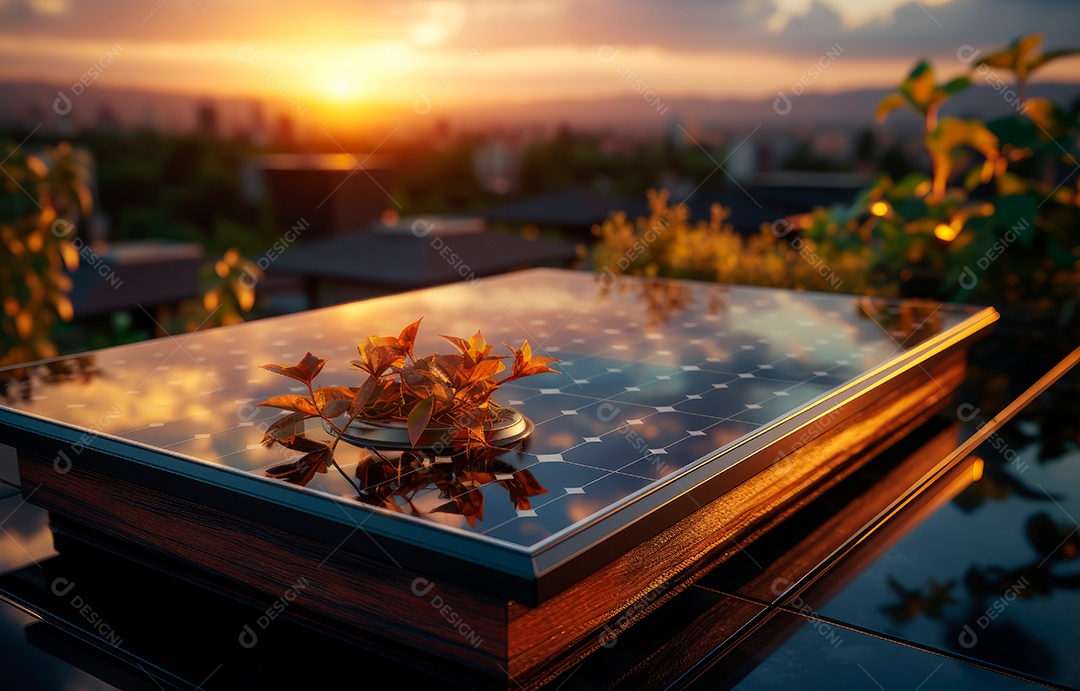 Painel solar moderno no telhado com plantas pela manhã