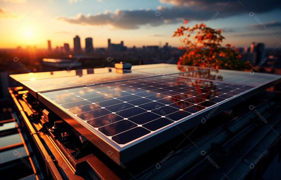 Painel solar moderno no telhado com plantas pela manhã