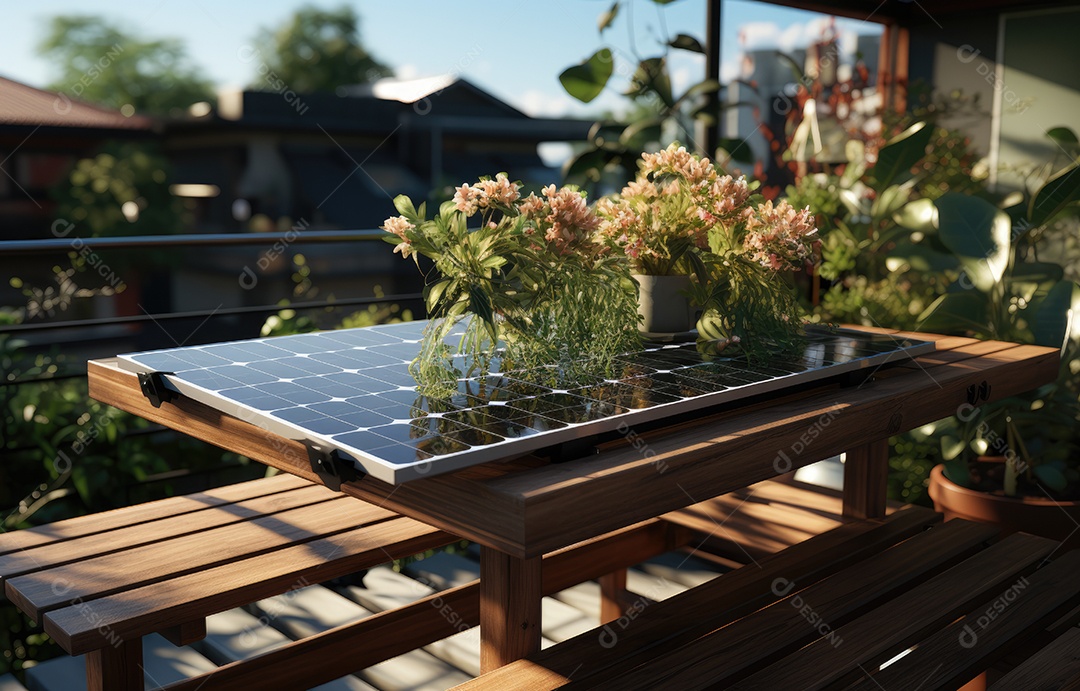 Painel solar moderno no telhado com plantas pela manhã