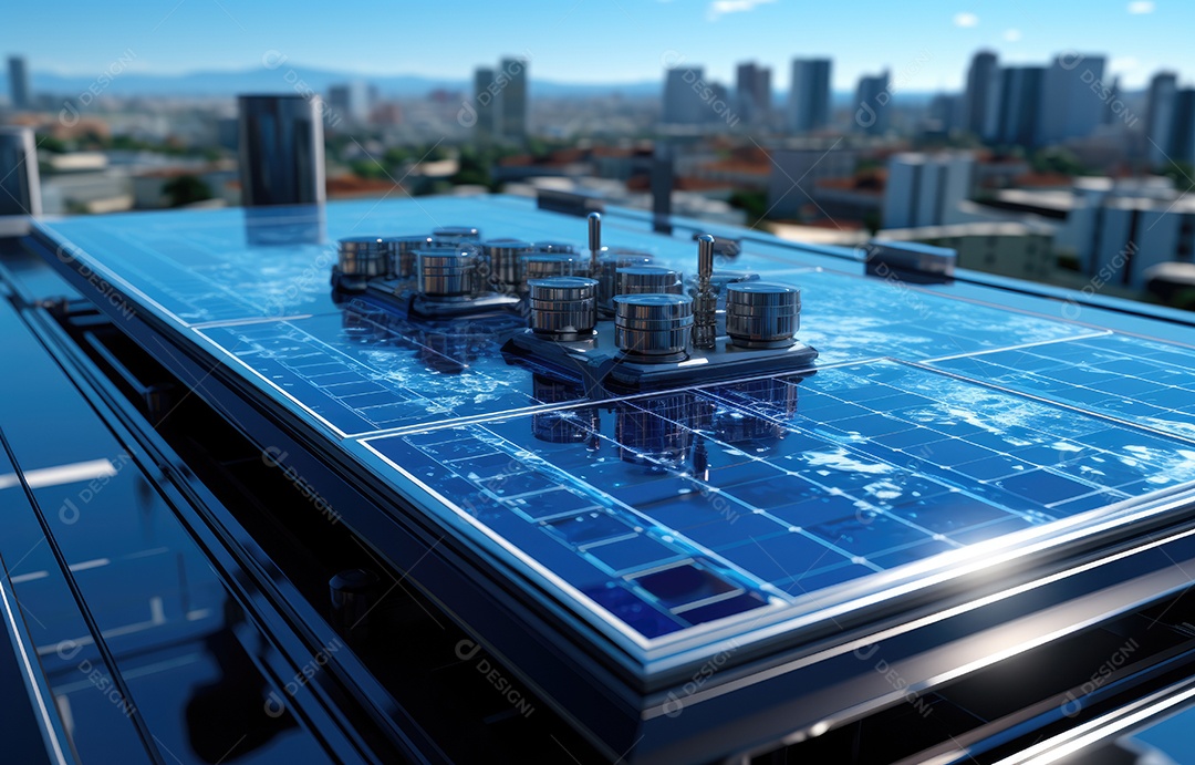 Painel solar moderno no telhado com plantas pela manhã