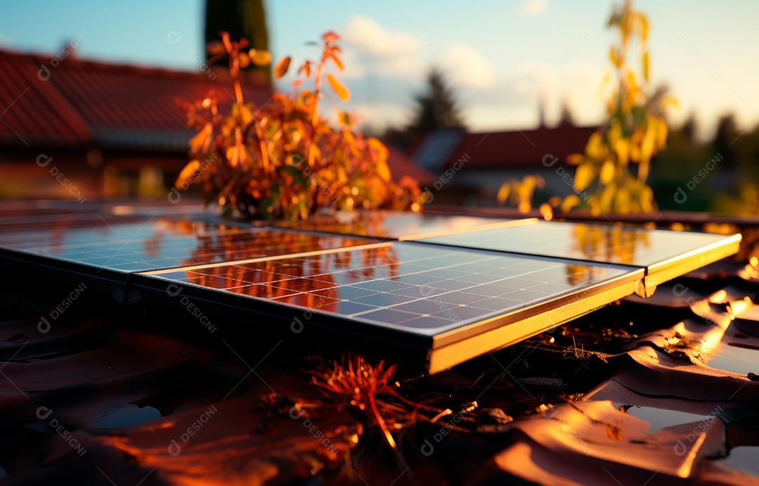 Painel solar moderno no telhado com plantas pela manhã