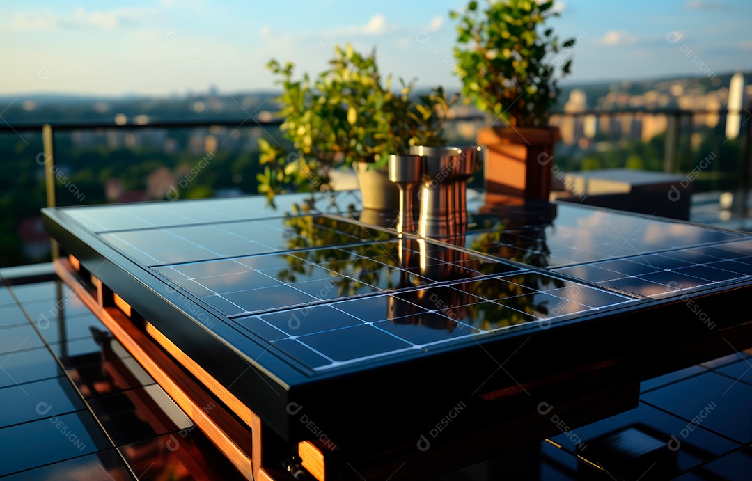 Painel solar moderno no telhado com plantas pela manhã