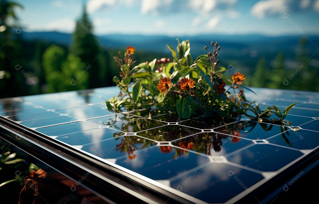 Painel solar moderno no telhado com plantas pela manhã