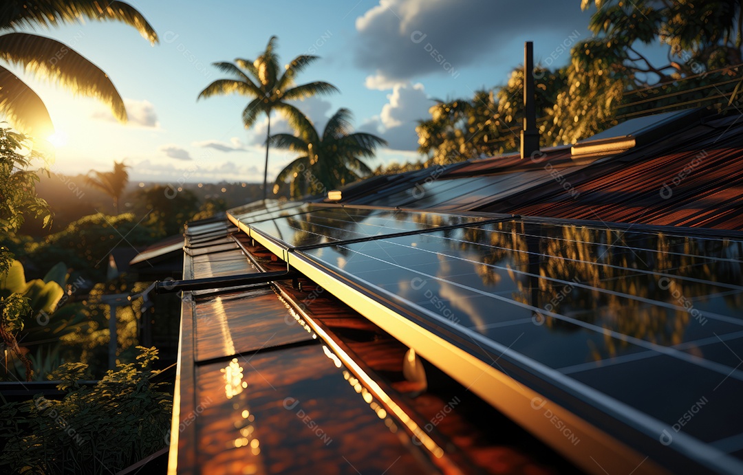 Painel solar moderno no telhado com plantas pela manhã