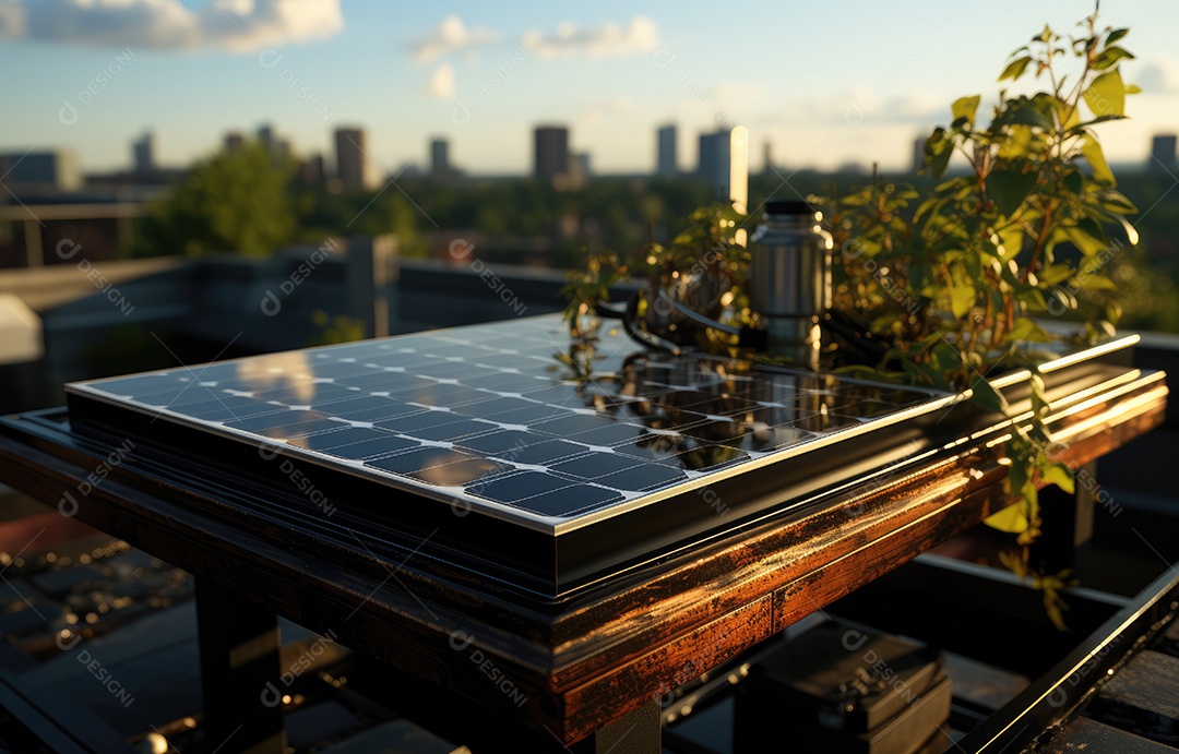 Painel solar moderno no telhado com plantas pela manhã