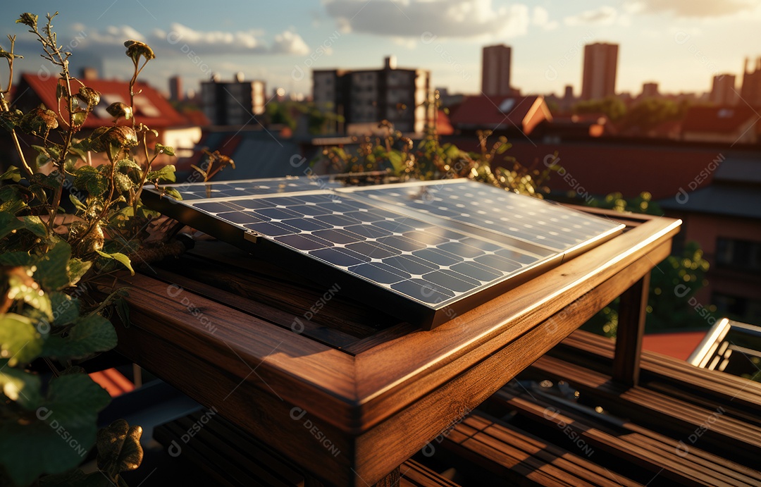 Painel solar moderno no telhado com plantas pela manhã