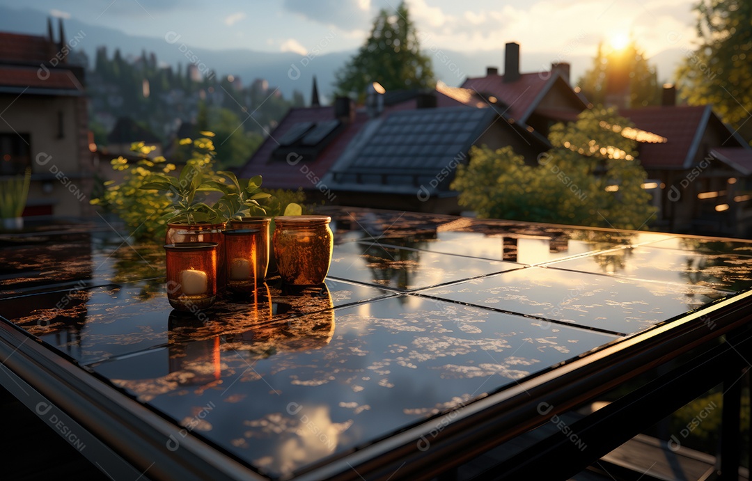 Painel solar moderno no telhado com plantas pela manhã