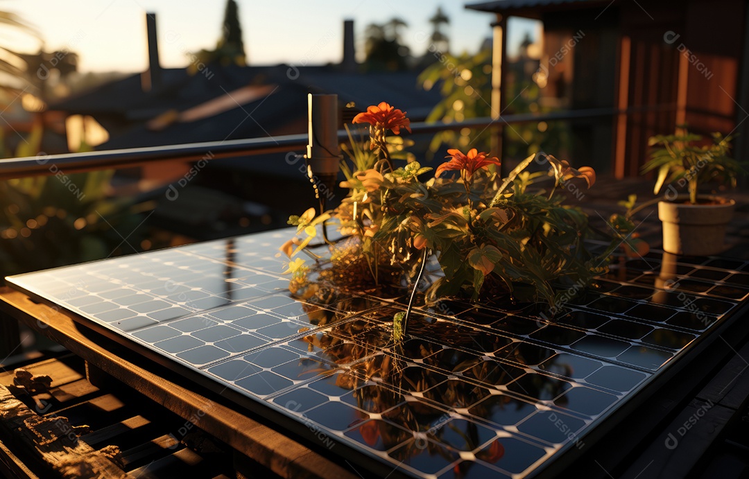 Painel solar moderno no telhado com plantas pela manhã
