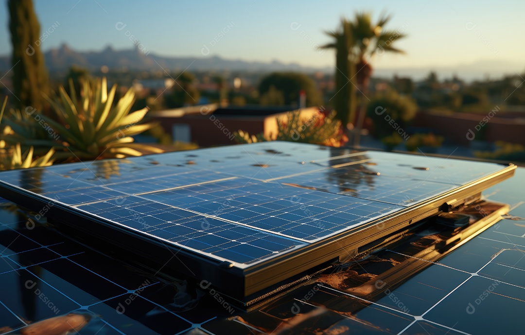 Painel solar moderno no telhado com plantas pela manhã