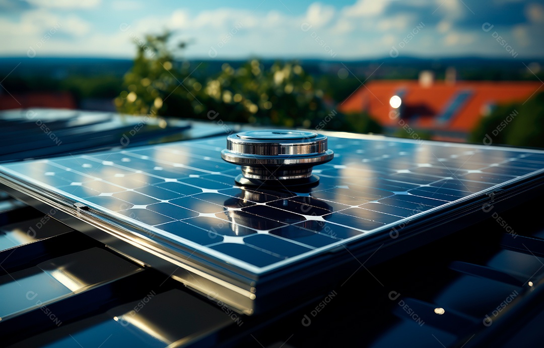 Painel solar moderno no telhado com plantas pela manhã