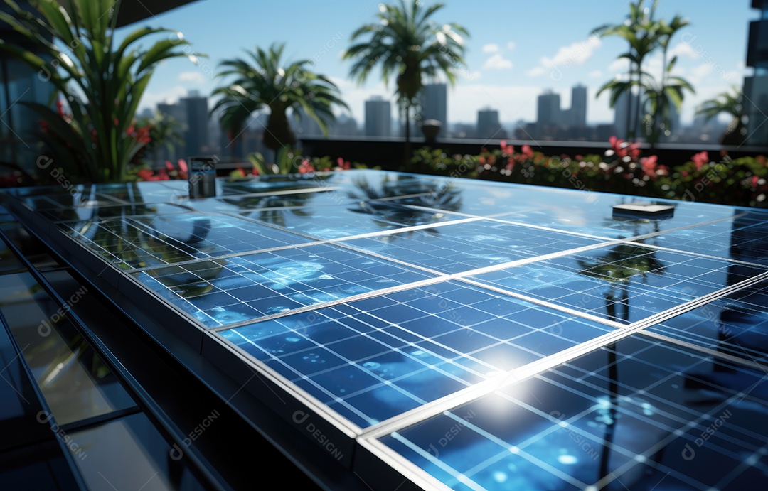 Painel solar moderno no telhado com plantas pela manhã