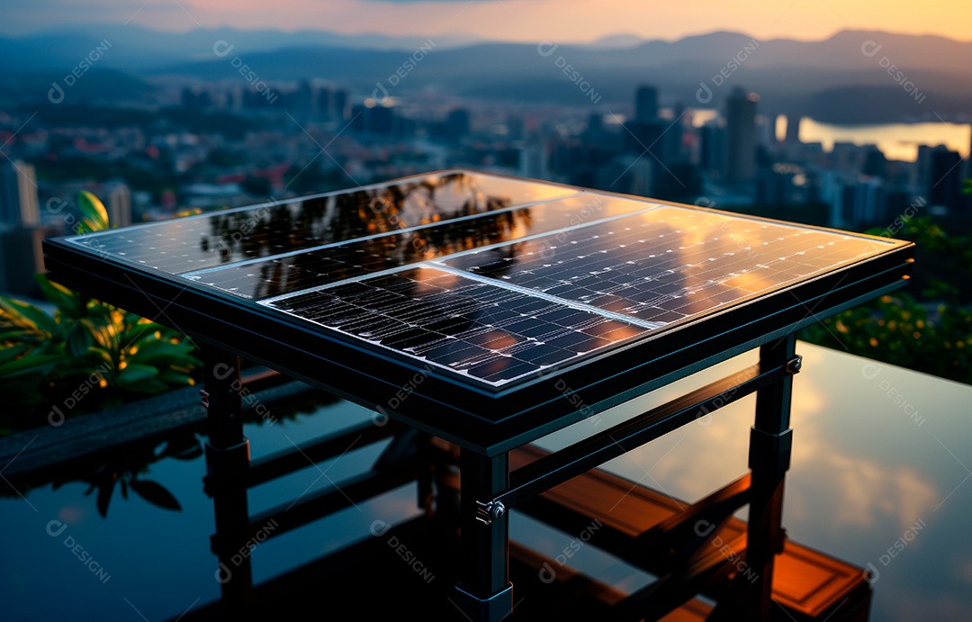 Painel solar moderno no telhado com plantas pela manhã