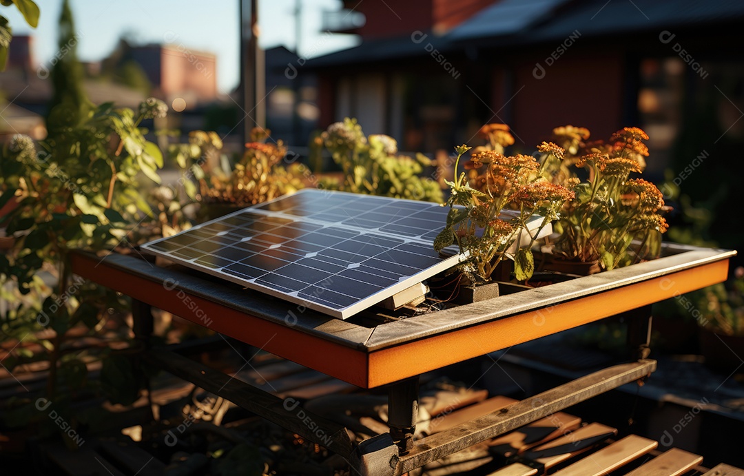 Painel solar moderno no telhado com plantas pela manhã