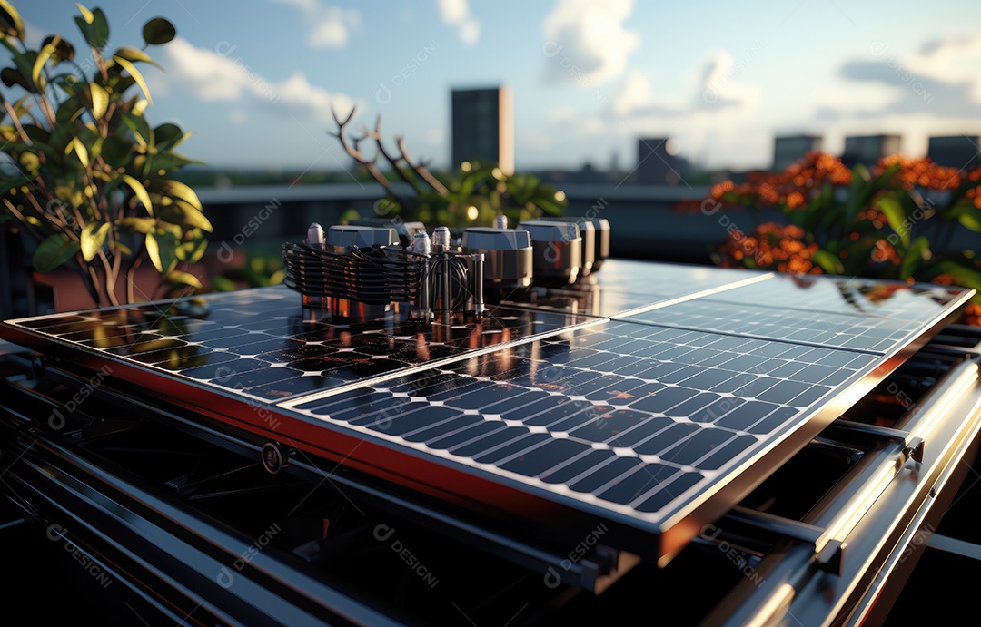 Painel solar moderno no telhado com plantas pela manhã