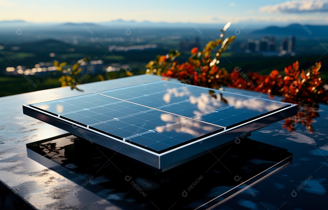 Painel solar moderno no telhado com plantas pela manhã