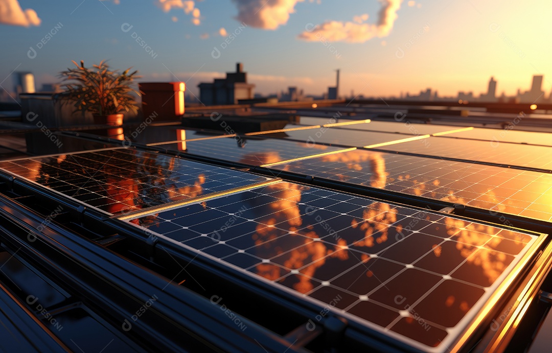 Painel solar moderno no telhado com plantas pela manhã