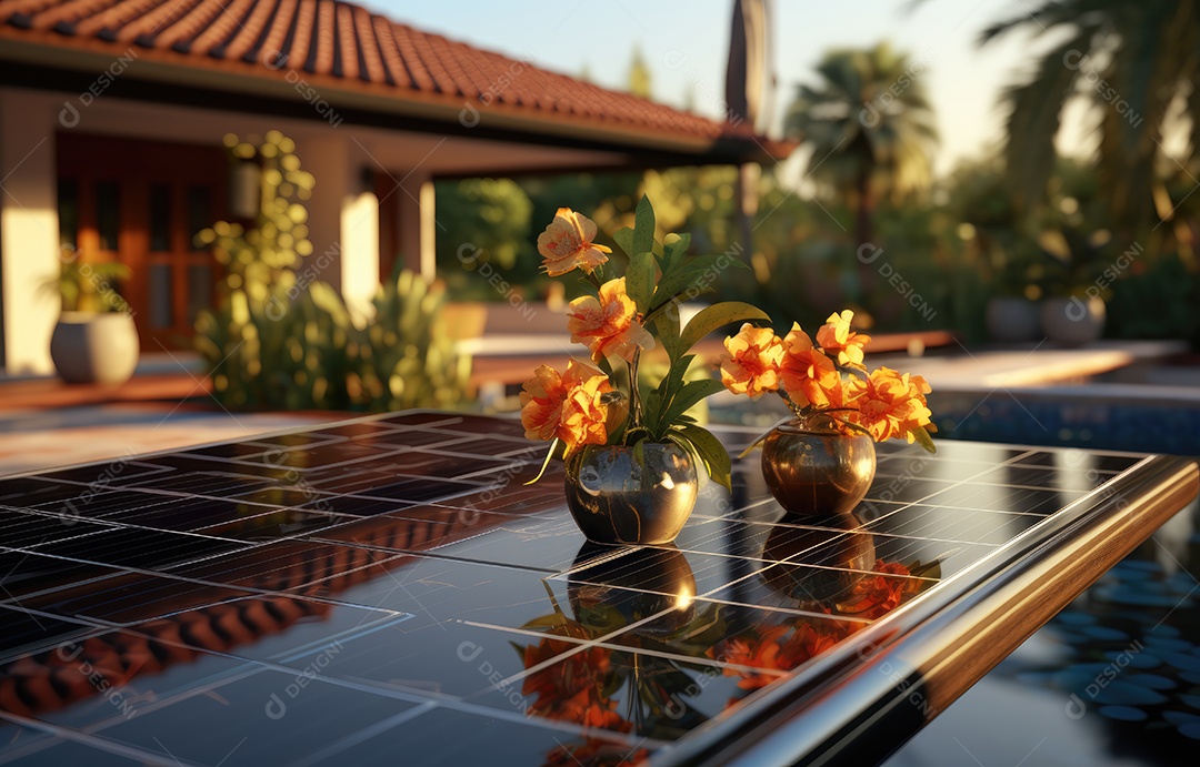 Painel solar moderno no telhado com plantas pela manhã