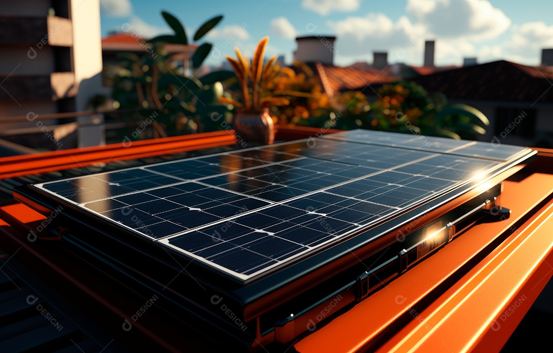 Painel solar moderno no telhado com plantas pela manhã