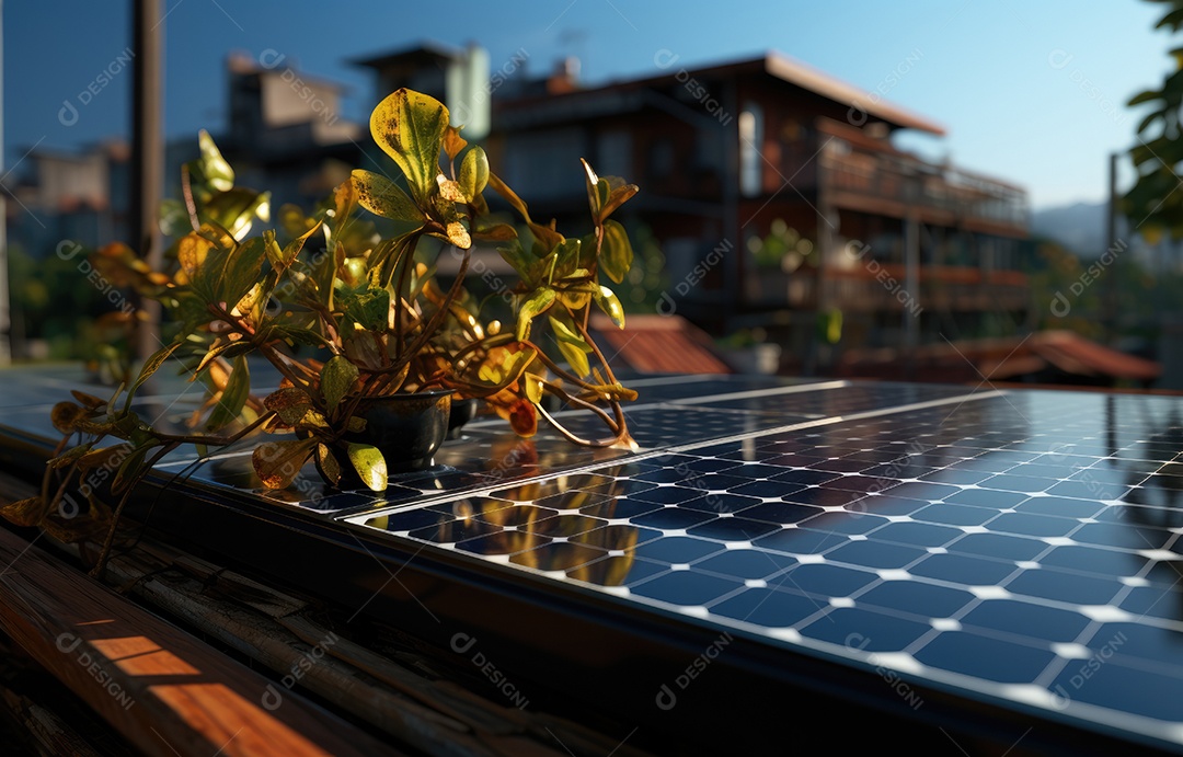 Painel solar moderno no telhado com plantas pela manhã