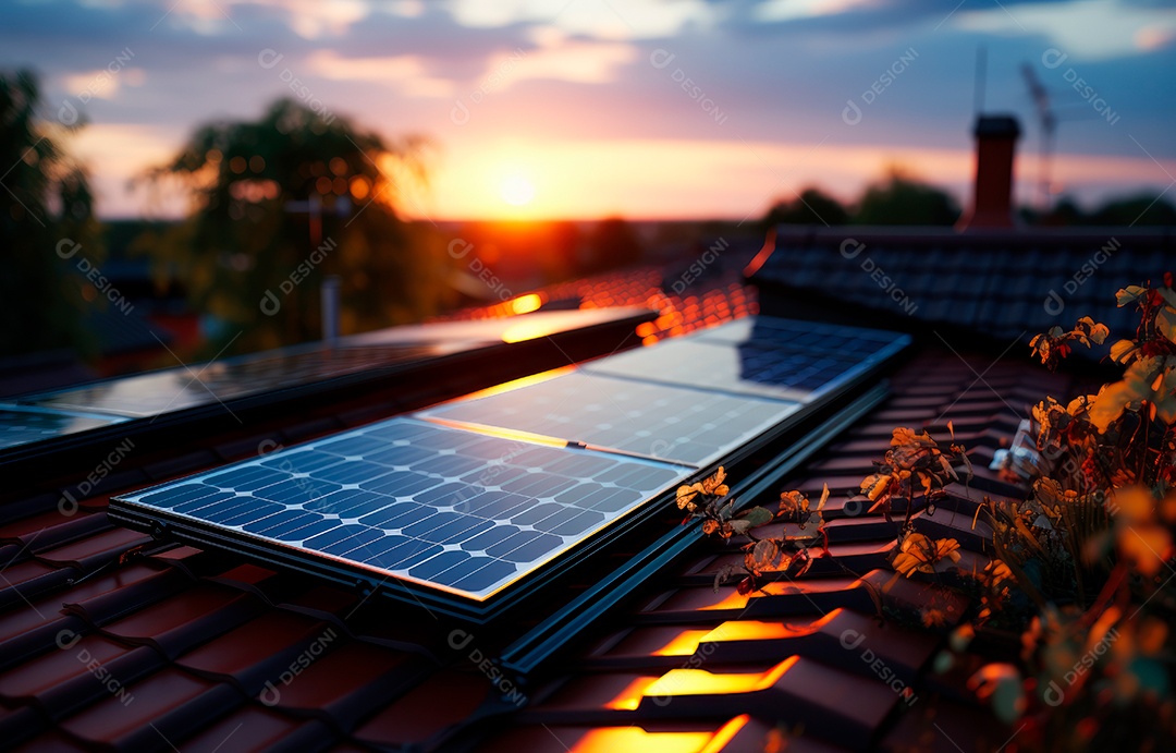 Painel solar moderno no telhado com plantas pela manhã