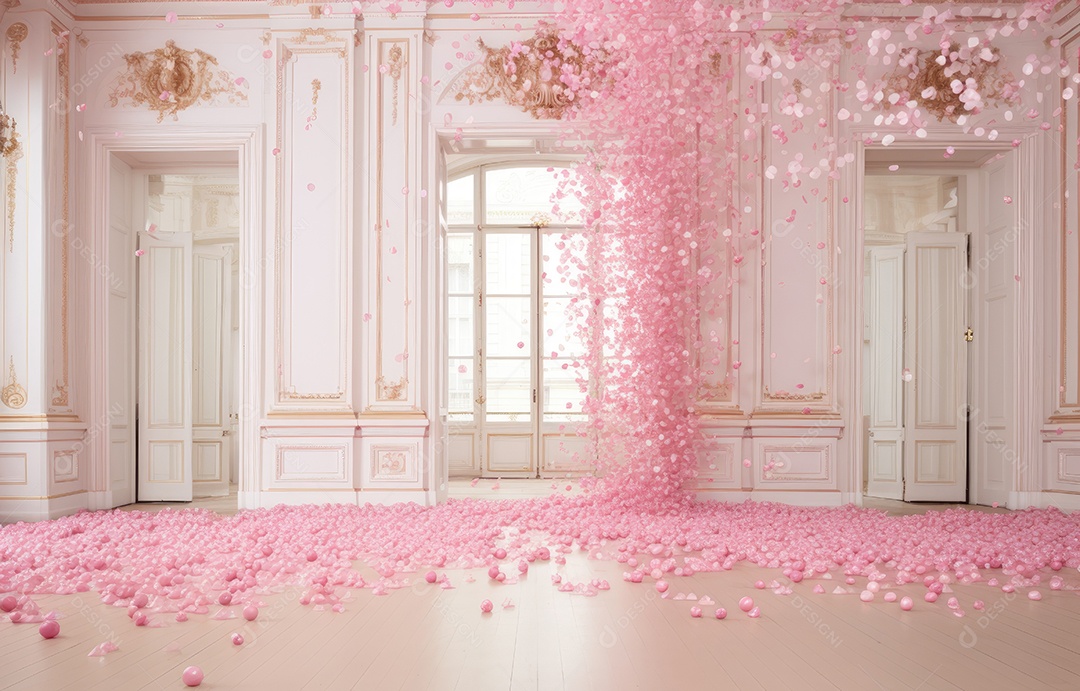 Hall branco estilo clássico moderno rosa e fundo de porta em arco de luxo com confete rosa caindo
