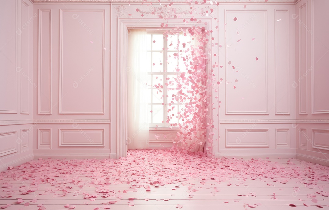Hall branco estilo clássico moderno rosa e fundo de porta em arco de luxo com confete rosa caindo
