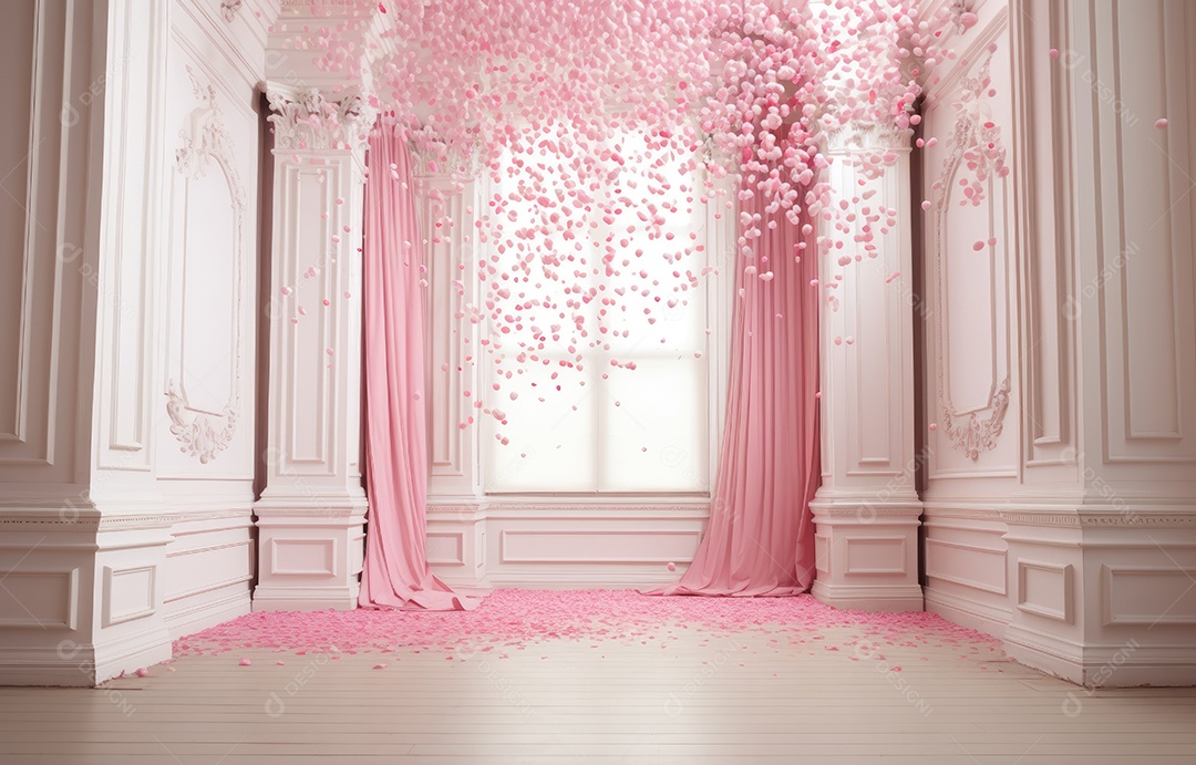 Hall branco estilo clássico moderno rosa e fundo de porta em arco de luxo com confete rosa caindo