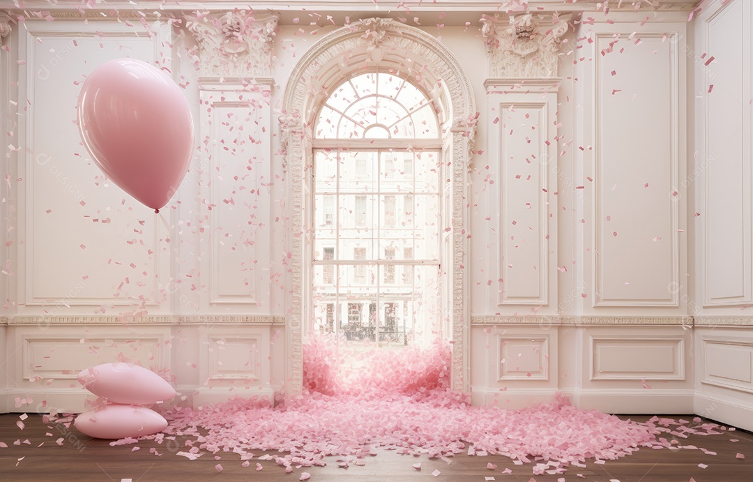 Hall branco estilo clássico moderno rosa e fundo de porta em arco de luxo com confete rosa caindo