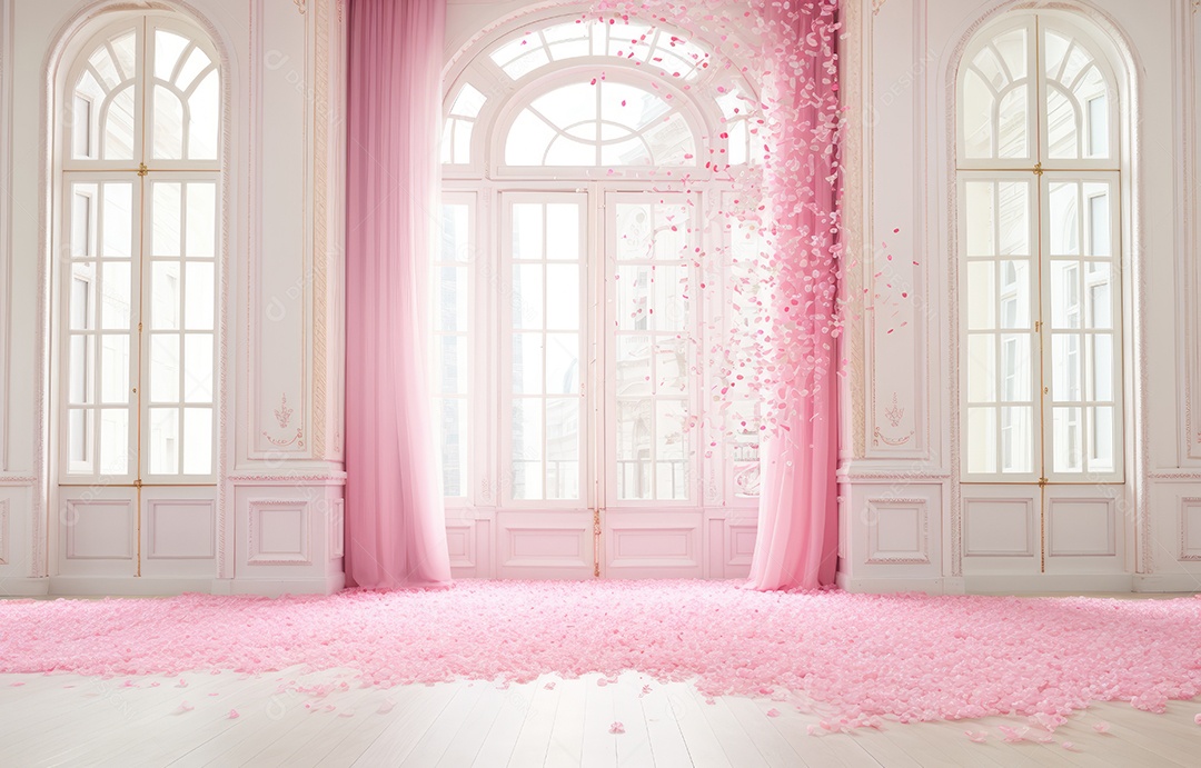 Hall branco estilo clássico moderno rosa e fundo de porta em arco de luxo com confete rosa caindo