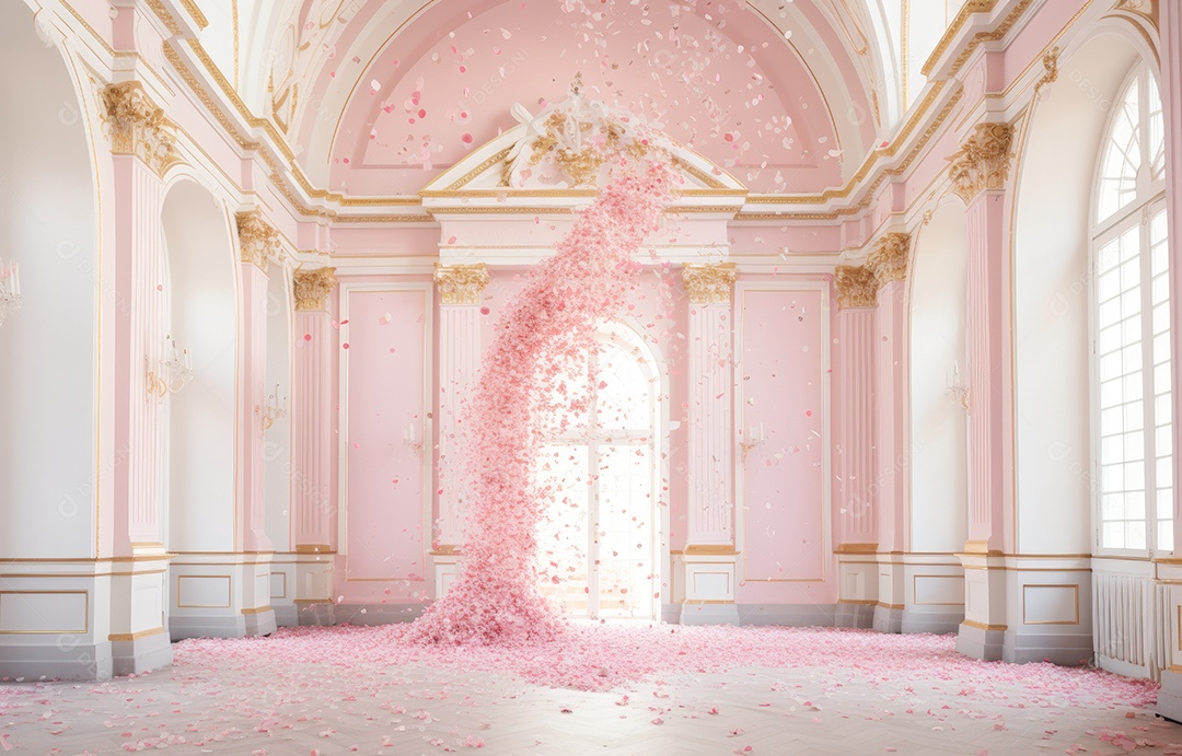 Hall branco estilo clássico moderno rosa e fundo de porta em arco de luxo com confete rosa caindo