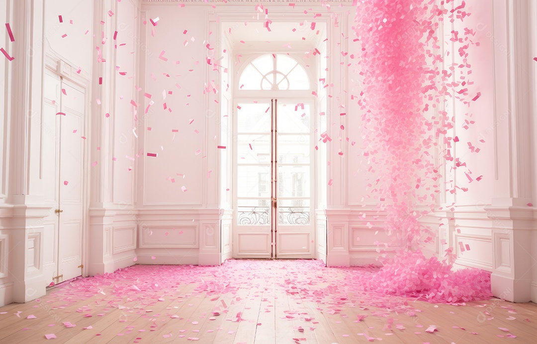 Hall branco estilo clássico moderno rosa e fundo de porta em arco de luxo com confete rosa caindo