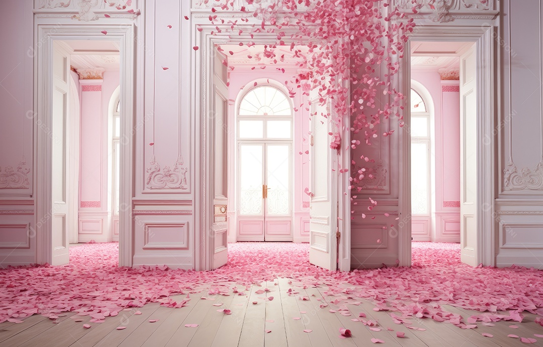 Hall branco estilo clássico moderno rosa e fundo de porta em arco de luxo com confete rosa caindo