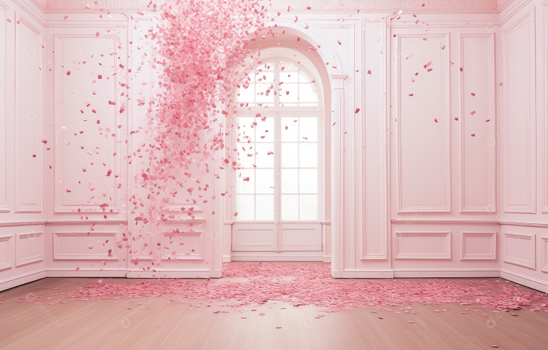 Hall branco estilo clássico moderno rosa e fundo de porta em arco de luxo com confete rosa caindo