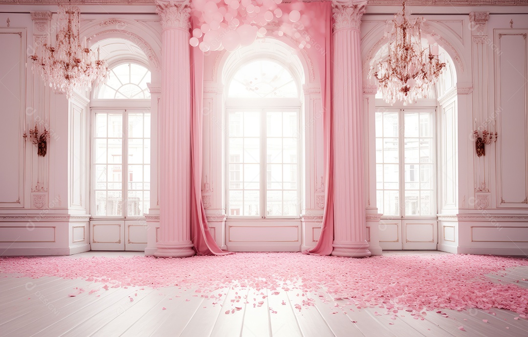 Hall branco estilo clássico moderno rosa e fundo de porta em arco de luxo com confete rosa caindo