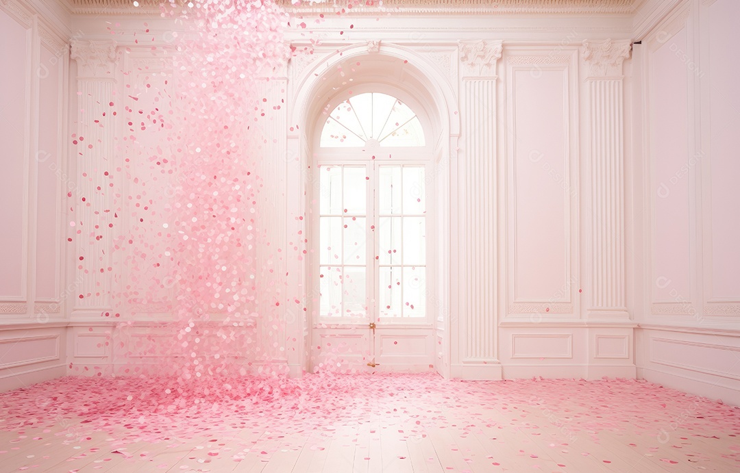 Hall branco estilo clássico moderno rosa e fundo de porta em arco de luxo com confete rosa caindo