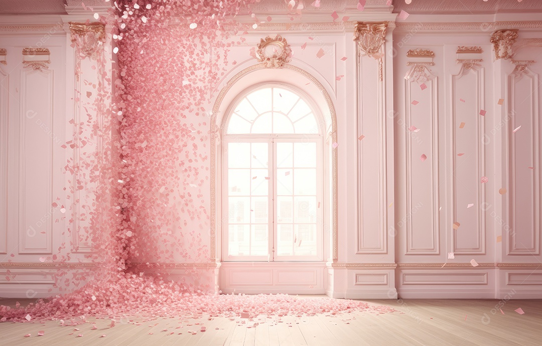 Hall branco estilo clássico moderno rosa e fundo de porta em arco de luxo com confete rosa caindo
