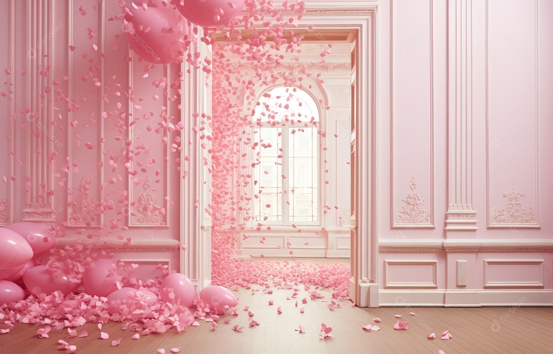 Hall branco estilo clássico moderno rosa e fundo de porta em arco de luxo com confete rosa caindo