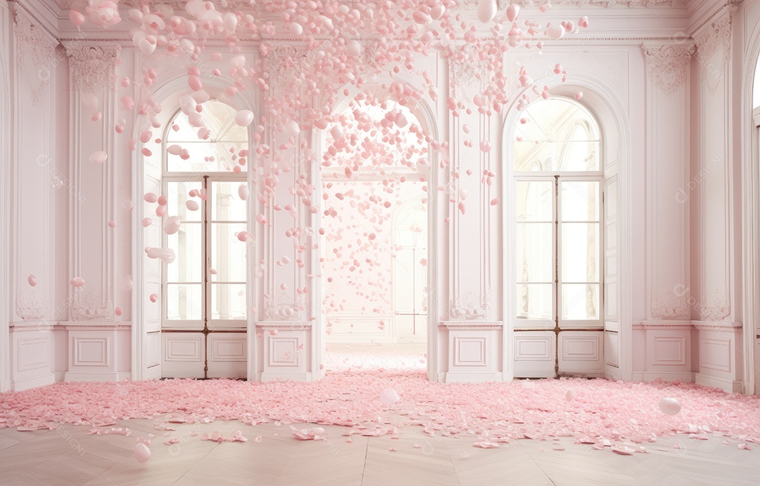 Hall branco estilo clássico moderno rosa e fundo de porta em arco de luxo com confete rosa caindo